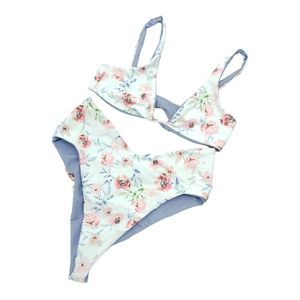 Skatie Reversible Bikini Swimsuit Two Piece Floral and Striped Size Small